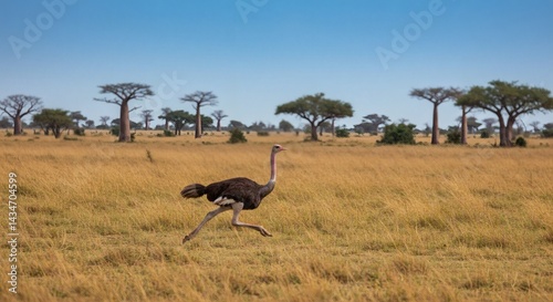 An ostrich sprints across the African savanna, its long legs propelling it through the tall, golden grass under a clear blue sky.