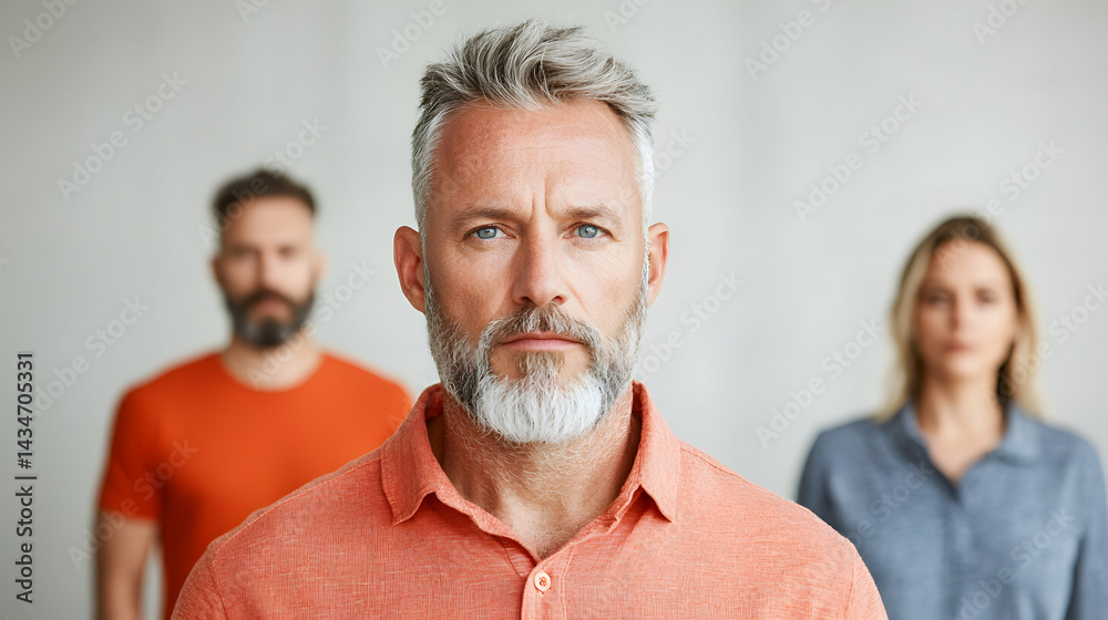 Fototapeta premium Portrait of a Serious Man with a Team in the Background