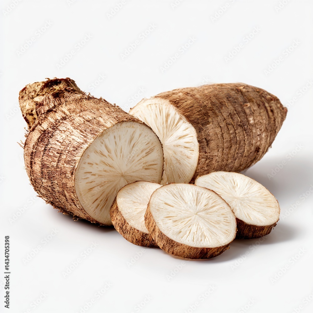 Taro root and slices on white background Taro root and slices on white background