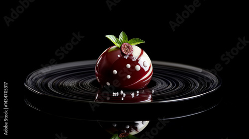 Elegant spherical culinary creation with glossy finish on artistic plate