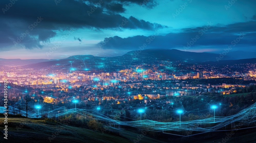 Fototapeta premium A vibrant city at night, connected by a luminous network.
