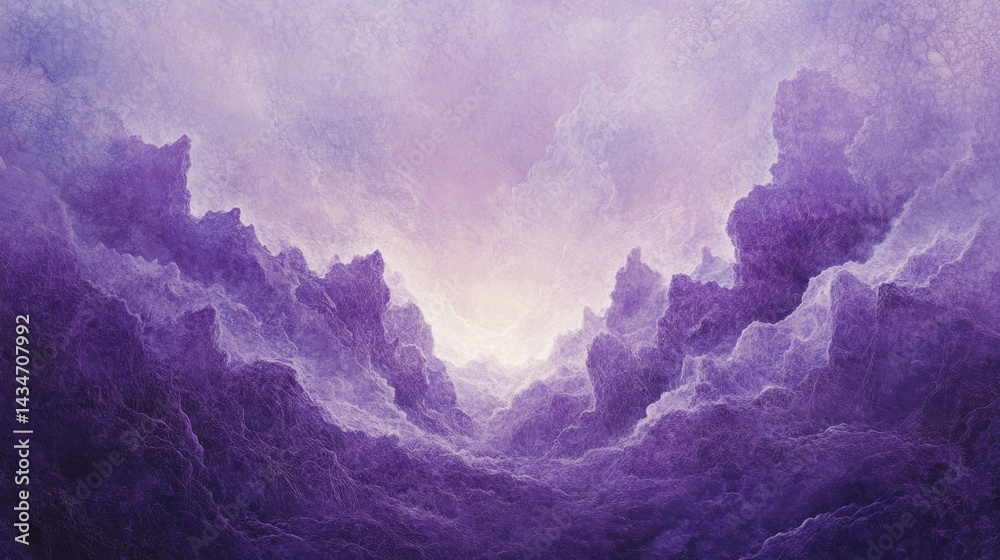Fototapeta premium Purple cloudscape, ethereal valley, sunrise, fantasy art