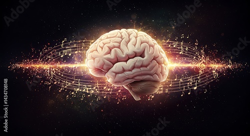 Brain resonating with music, notes, and creative intelligence