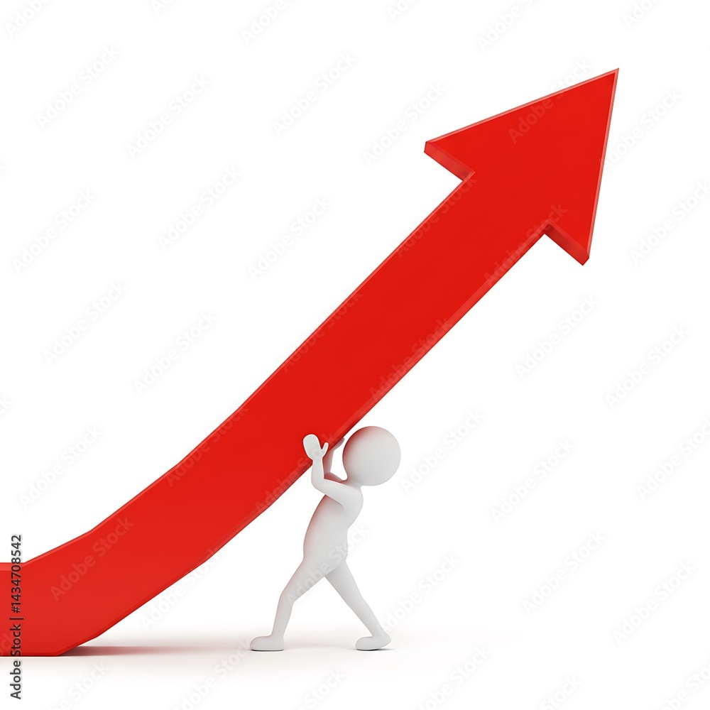 Stick figure lifting a large red upward pointing arrow shape Stick figure lifting a large red upward pointing arrow shape