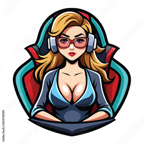 Female gamer character with headphones and glasses