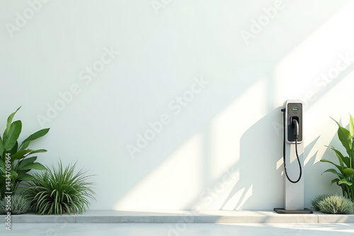 Eco Friendly Electric Charging Station with Plants on Minimal Background and Copy Space