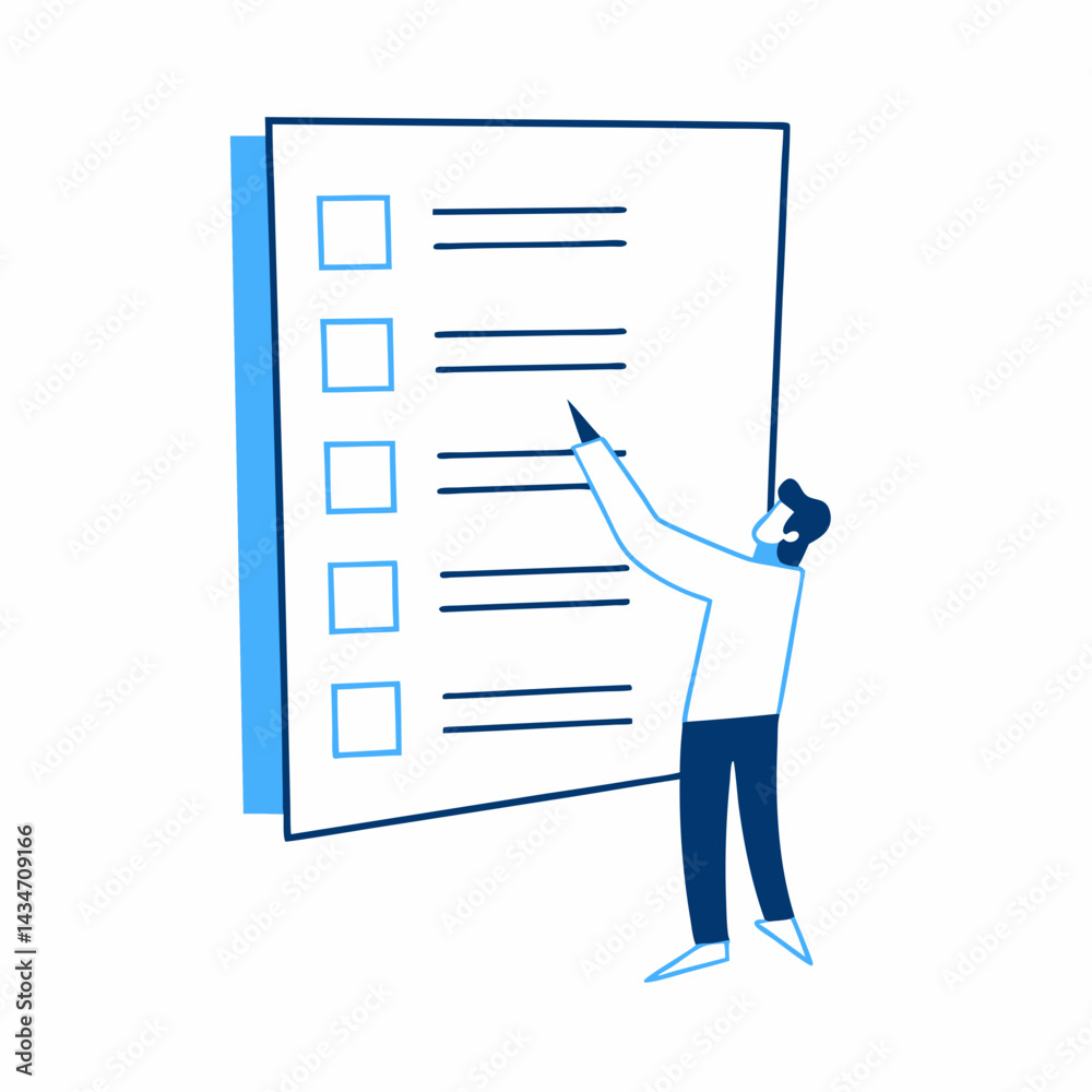 Man marking checkboxes on checklist in flat illustration style Man marking checkboxes on checklist in flat illustration style