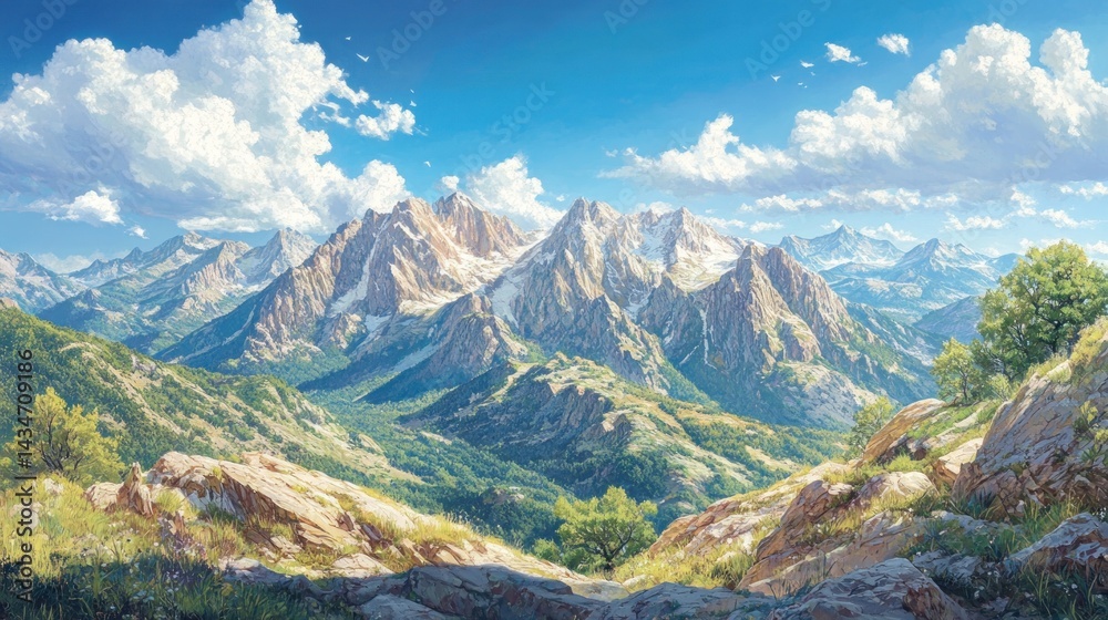 Obraz premium Majestic Mountain Vista, Sunny Sky, Travel Poster