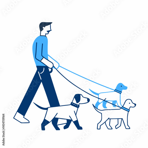 Man walking multiple dogs in a flat illustration style  