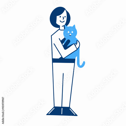 Full length of a Woman holding a blue cat joyfully against a simple background  