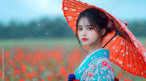 Young Woman in Blue Kimono and Red Umbrella in Poppy Field