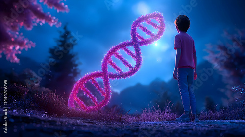 Boy Gazing at Glowing Purple DNA Helix in a Night Forest