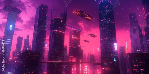 Futuristic city skyline bathed in vibrant pink hues. photo