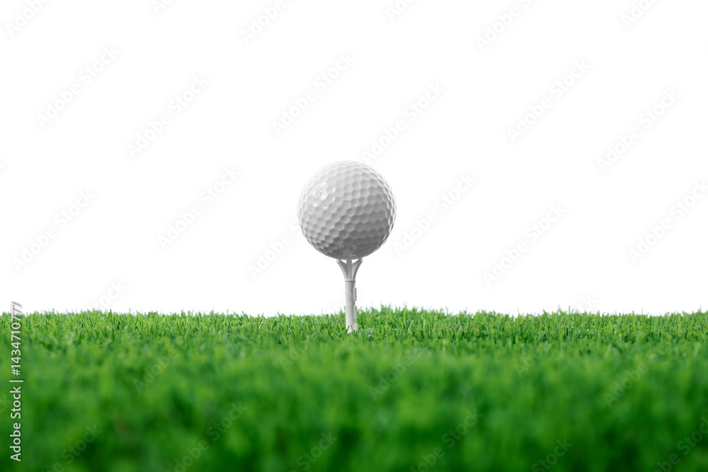 Golf ball, tee and green grass against white background Golf ball, tee and green grass against white background