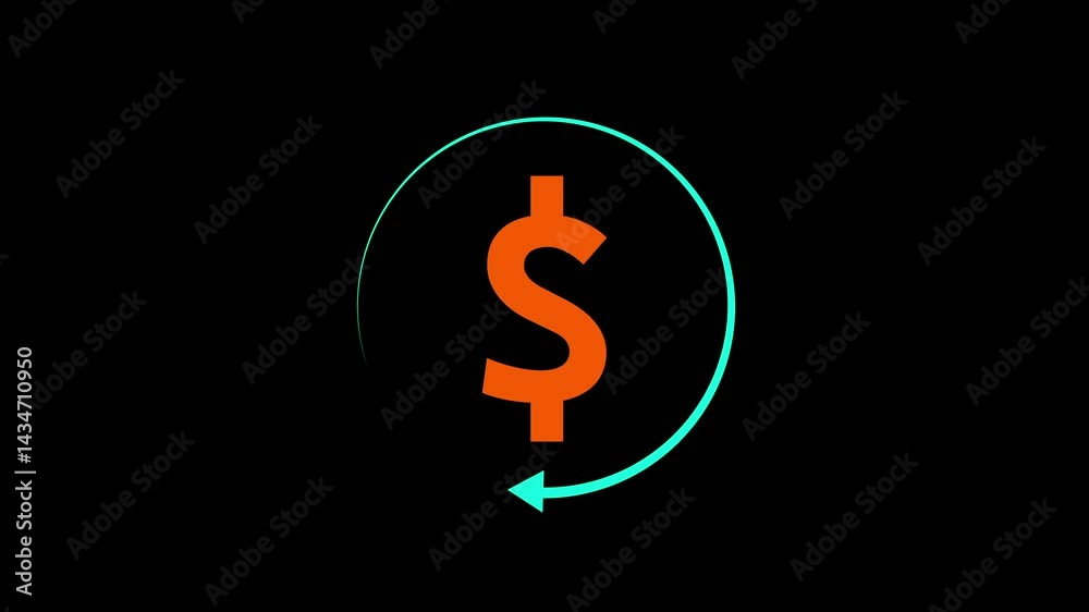 Dollar symbol animation with arrow rotating on a black background. Dollar symbol animation with arrow rotating on a black background.