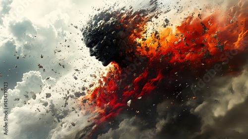 Wallpaper Mural Surreal disintegration of a stony face into fiery explosion against turbulent clouds. A powerful, destructive transformation unfolds. Abstract Medical Pain Torontodigital.ca