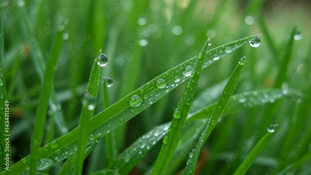 Dew Drops on Green Blades Close Up Nature Scene