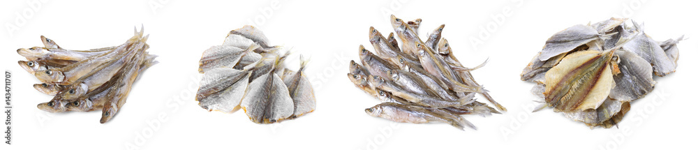 Different dried fish isolated on white, set Different dried fish isolated on white, set