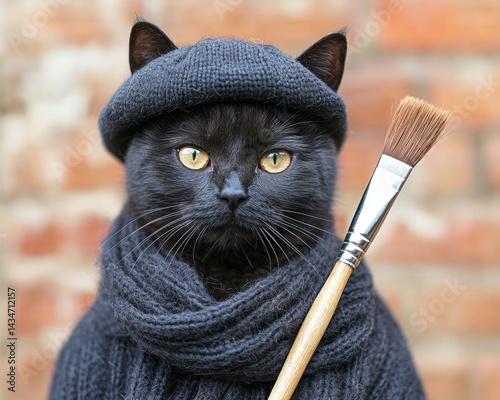 A stylish black cat wearing a beret and sweater holds a paintbrush against a brick wall