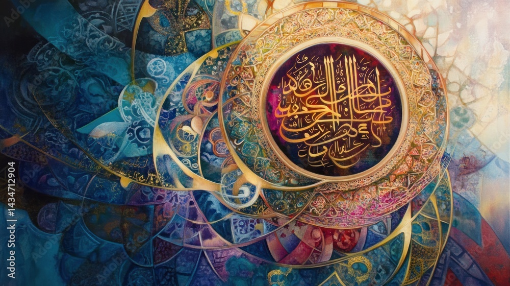 Obraz premium Islamic calligraphy art, vibrant colors, intricate design, cultural background, decor
