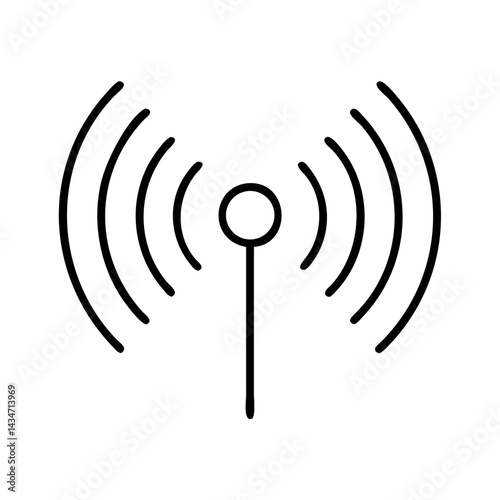 Simple black line illustration of a wireless signal antenna with expanding waves, minimalistic communication symbol, isolated on white background for technology and network themes