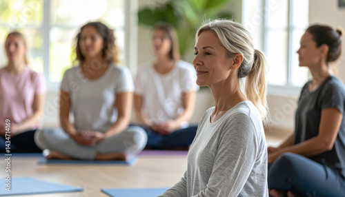 group of women practicing yoga in serene studio, focusing on mindfulness and relaxation. atmosphere is calm and peaceful