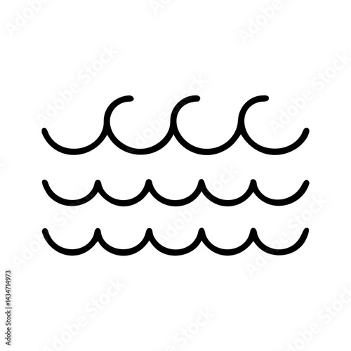 Minimalist black line icon of ocean waves in repeating pattern, isolated on white background, symbol of sea, nature, relaxation and water movement