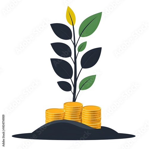 A flat depicting a small plant sprouting from a stack of golden coins symbolizing the growth and prosperity that can arise from prudent financial investment