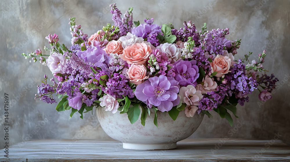 Fototapeta premium Delicate lilac and soft pink floral arrangement in pastel tones with blur 