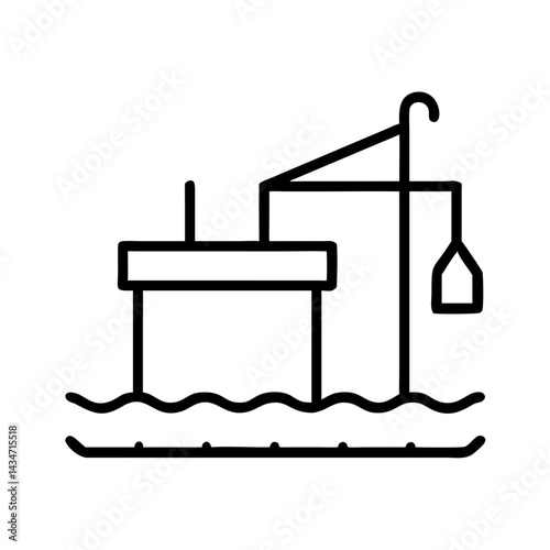 Minimalist black line icon of offshore oil platform or port facility on water, isolated on white background, symbol of industry, marine engineering and energy