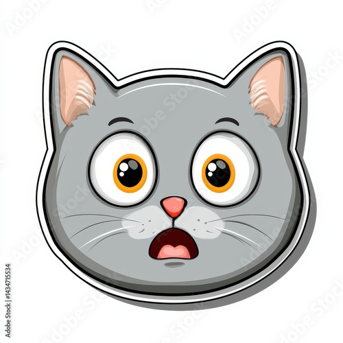 Cartoon cat face with large yellow eyes and open mouth on white background