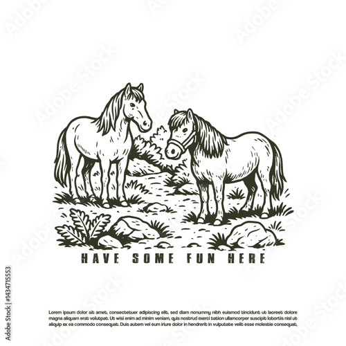 Hand drawn two horses in the wild vector