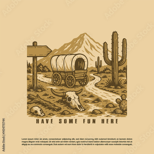 Vintage retro hand drawn covered wagon in the desert vector