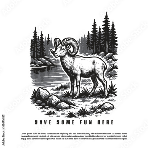 Retro hand drawn wild goat in the forest vector