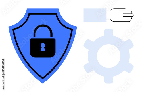 Shield with padlock signifying security, gear for operational processes, and hand for access management. Ideal for cybersecurity, data safety, system control, protection, operational flow, user