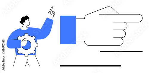 Gear-holding man gesturing upward while a large hand points right. Ideal for guidance, teamwork, process management, decision-making, direction, workflow, instruction. Flat simple metaphor