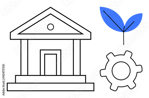 Building outline, cogwheel, and leaf representing innovation, sustainability, growth, and collaboration. Ideal for business, ecology innovation strategy environment government and industry. Flat