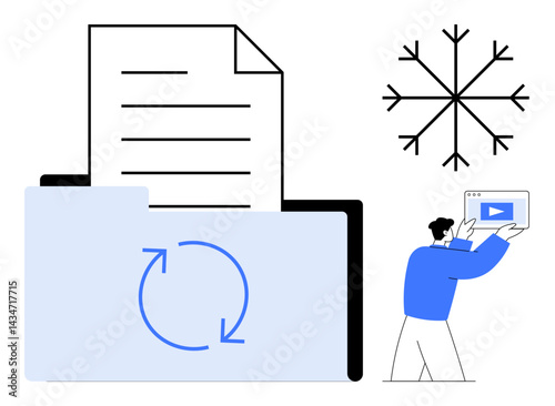 File folder with refresh symbol, document, snowflake, and person holding media. Ideal for data sharing, cloud storage, backup process, productivity, technology updates file organization simple