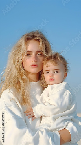 Blonde Mother and Baby in White Sweaters Outdoors