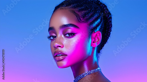Portrait of a Young Woman with Glitter Makeup in Blue and Purple Studio Lighting