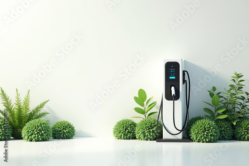 Eco Friendly Electric Charging Station with Plants on Minimal Background and Copy Space