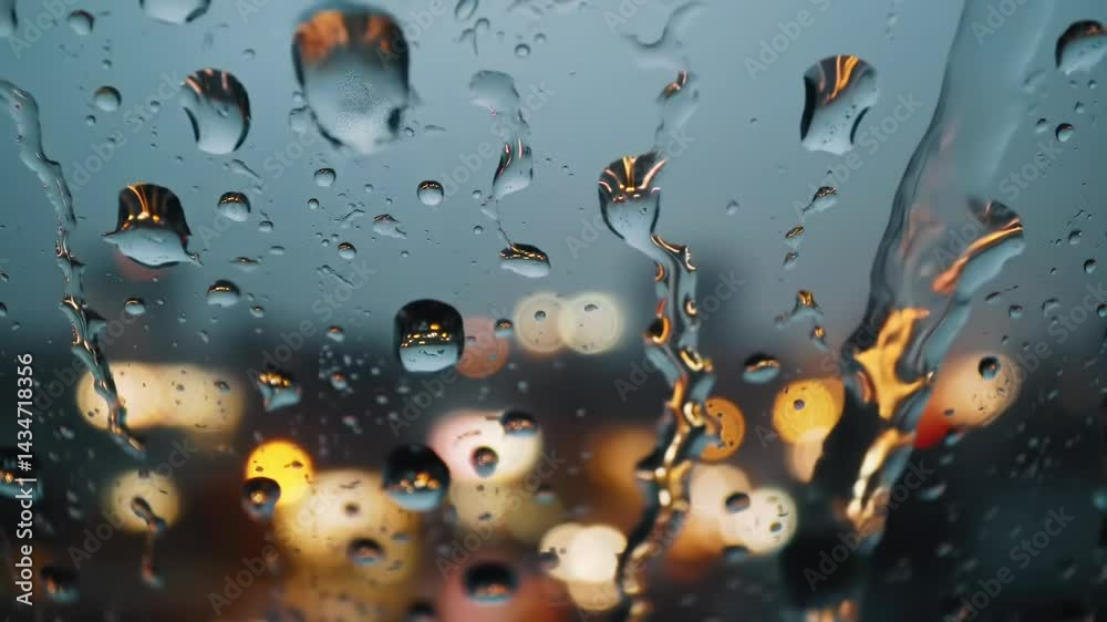 Abstract macro shot of raindrops on glass with blurred city lights in background