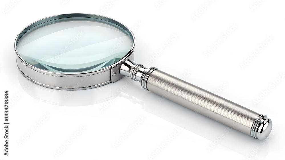 Shiny Silver Magnifying Glass with Circular Lens on White Background
Shiny Silver Magnifying Glass with Circular Lens on White Background