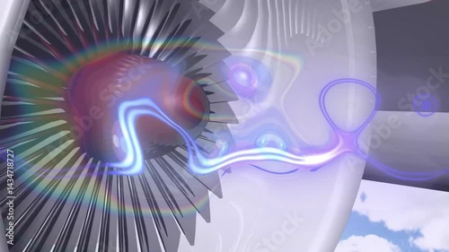 jet engine fan blades rotating while visualizing airflow patterns inside nacelle with neon overlays