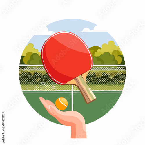 Ping pong poster design. Table tennis game with racket, card. Hand holding paddle, hitting ball over net in competition.
