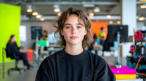 Portrait of a Young Woman with Curly Hair in a Modern Office Setting