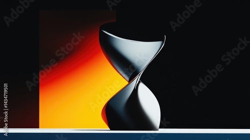 Abstract sculpture with a twisted, flowing form against a dark background with colored light.