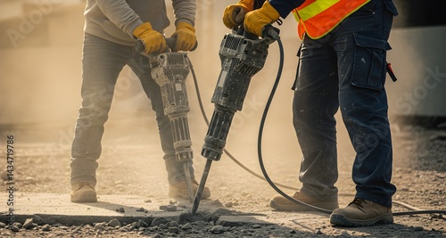 Side view of construction landscape with drill A detailed close-up of two construction workers using a pneumatic hammer to bore holes. Industrial construction style.
