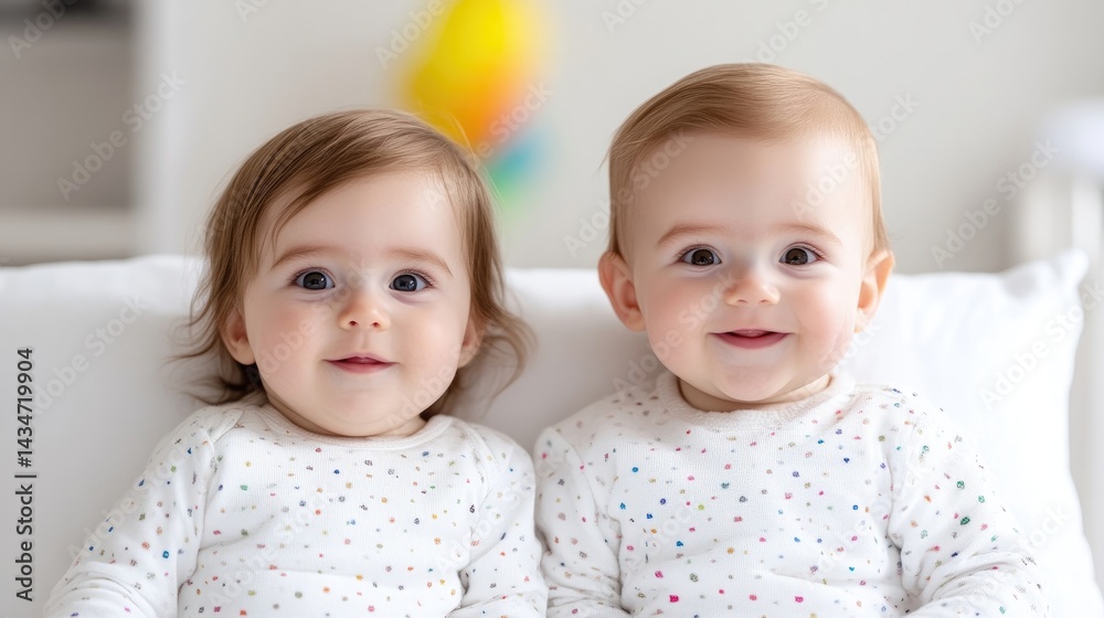 Two adorable babies sitting side by side on a white couch, wearing matching outfits, indoor setting with soft lighting, and close-up portrait.