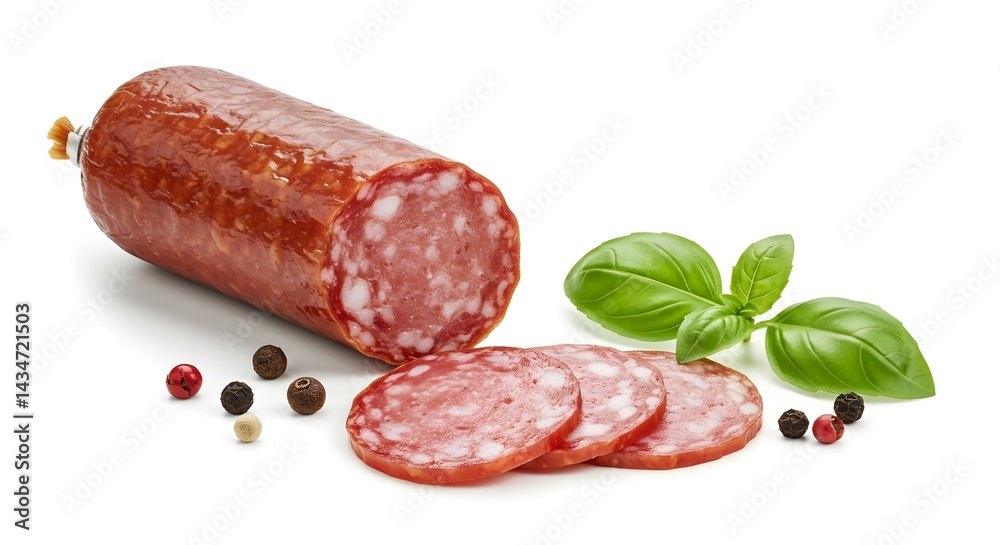 Sliced Salami Sausage with Fresh Basil Leaves and Mixed Peppercorns on White Background Sliced Salami Sausage with Fresh Basil Leaves and Mixed Peppercorns on White Background